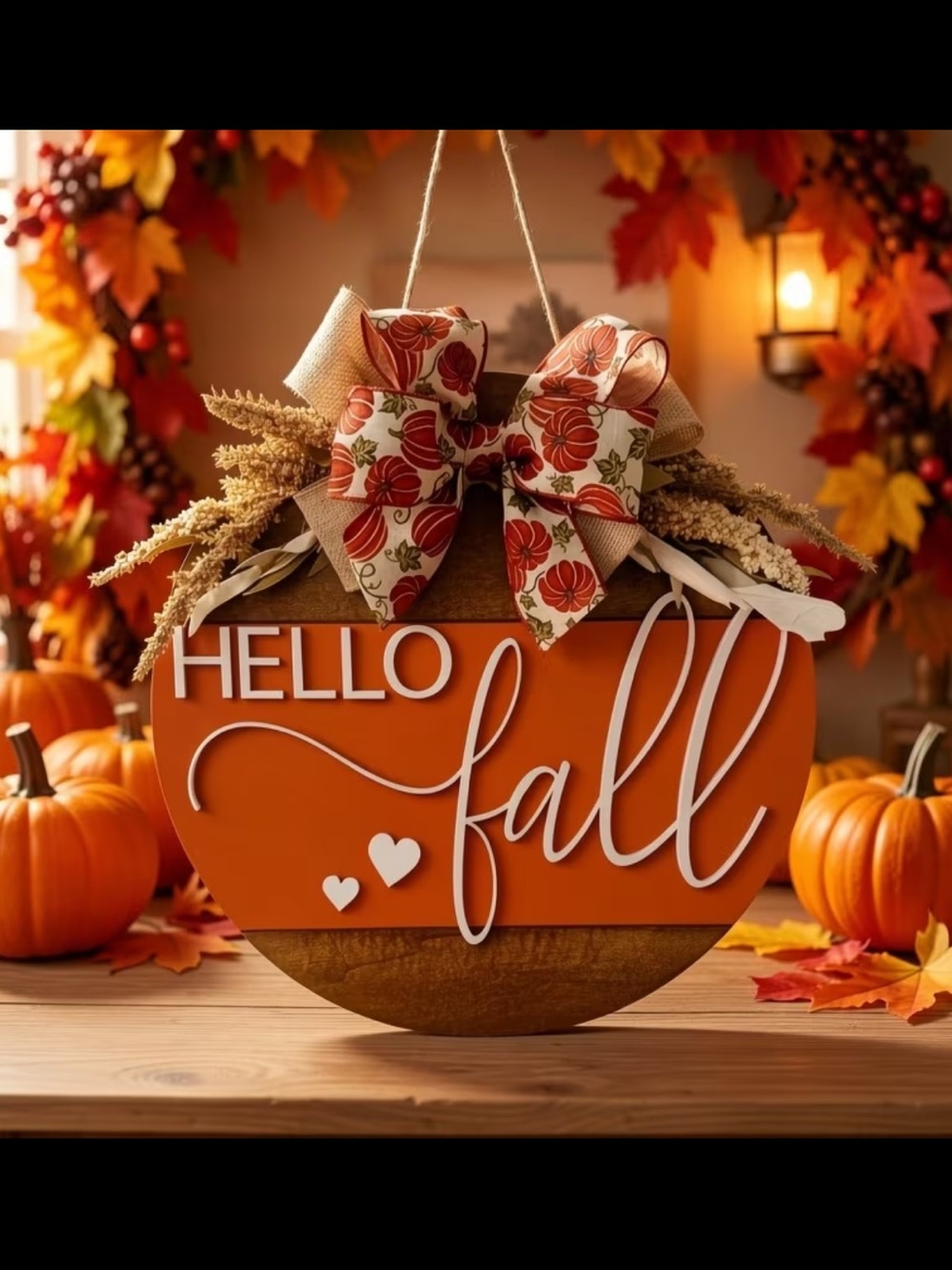 “Hello Fall”Round Wooden Sign with White Script and Bow - Picture 5 of 7